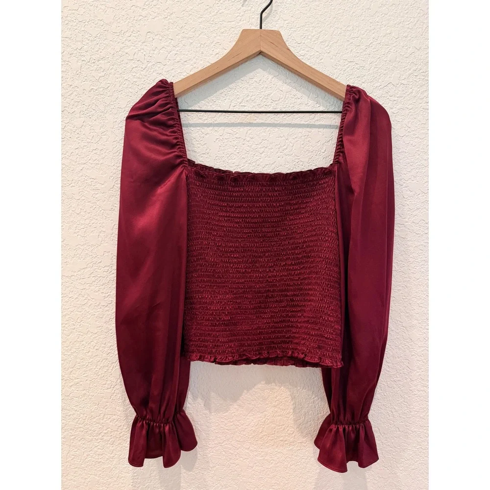 Reformation Burgundy 100% Silk Smocked Long Sleeve Square Neck Chamomile Top  S‎